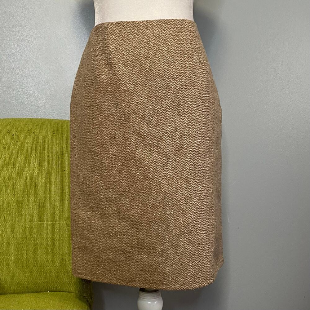 Eccoci Tan Tweed Straight Pencil Skirt Wool Cashmere Silk